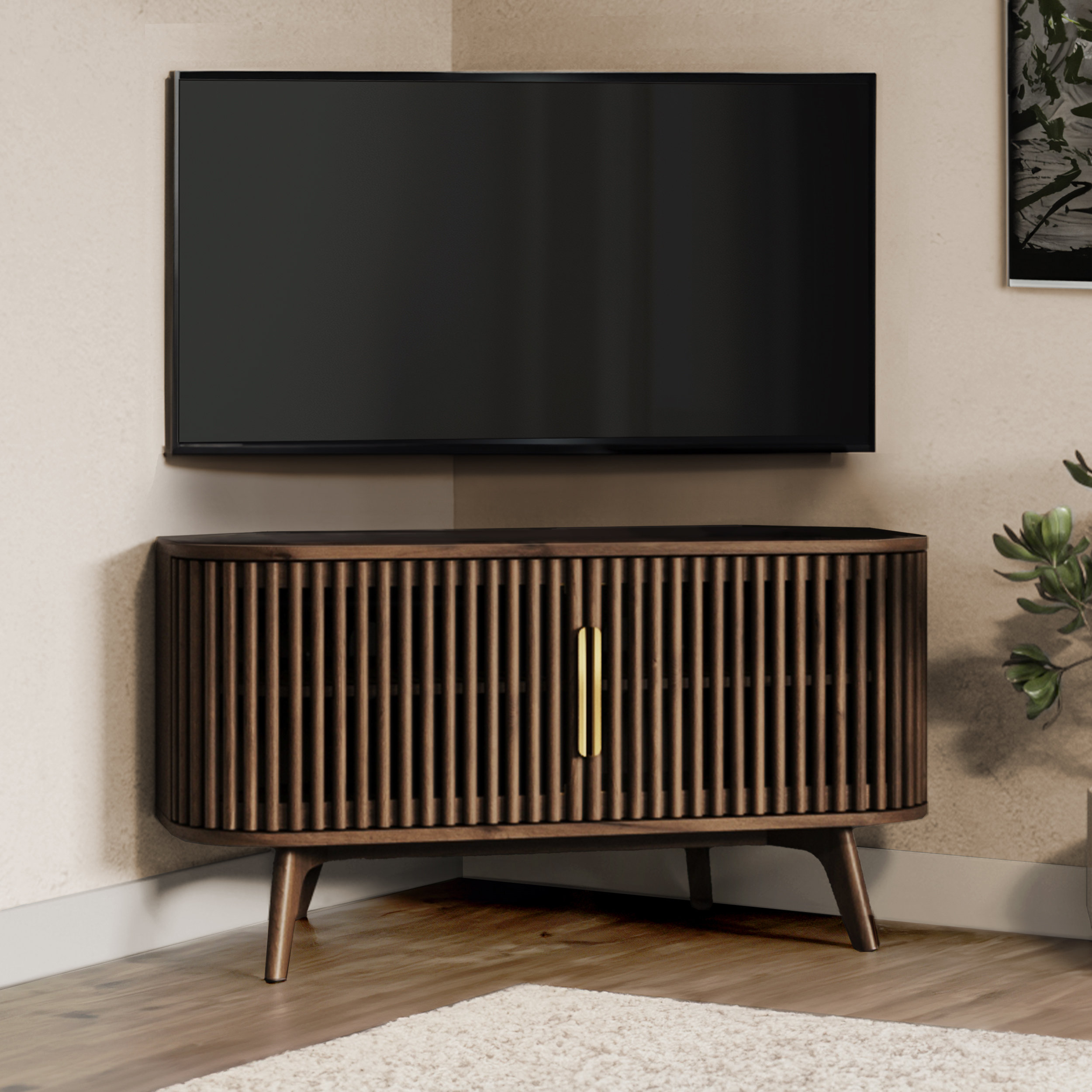 George Oliver Klever Wooden Corner TV Stand Media Console TV Cabinet with Mid Century Accents George Oliver
